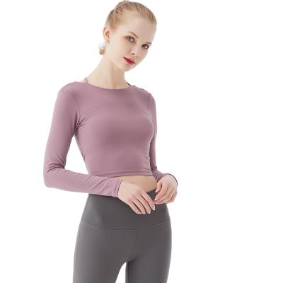 China 2021 breathable high quality wholesale gym seamless summer season tight sleeved open back long sleeve yoga top for sale