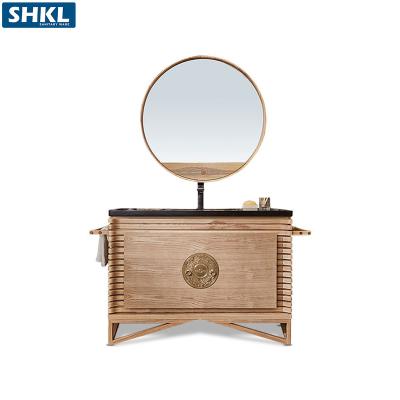 China Chinese Classical Culture Inside Foshan High End Antique Solid Wood Bathroom Cabinet Vanity Unit With Mirror for sale