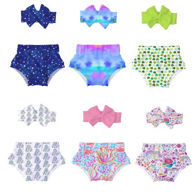 China Summer Baby Kid Anti-wrinkle Cotton Seersucker Print Material Short Newborn Bloomers High Waist Shorts With Hair Band for sale