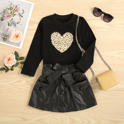 China Kids Casual Clothes Fabric Toddlers Kids Clothes Leopard Print Love Embroidered Long Sleeve Hoodie + PU Short Skirt Set for sale