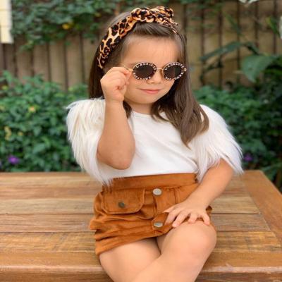 China Latest Style Toddler Kids Clothes Casual Boutique Baby Clothes Sheer White Feather Sleeve T-shirt + Metal Button Corduroy Short Skirt Set for sale