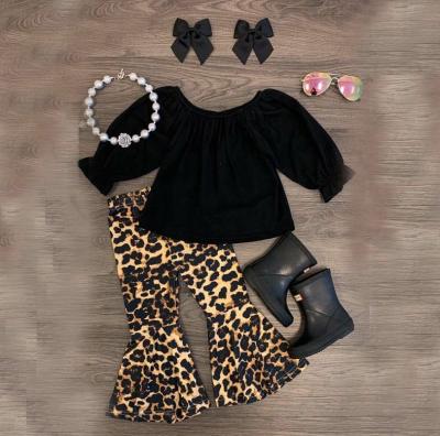 China Fashion kids girls formal clothing sets wholesale kids boutique outfits leopard print pants with baby solid top sets for sale