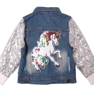 China Wholesale Breathable Little Girl Autumn Clothes Kids Turn-Down Collar Babies Denim Sequin Jacket for sale