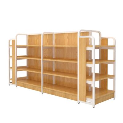 China Metal Gondola Supermarket Display Rack Double Side Double Sided Wooden Book Shelves for sale