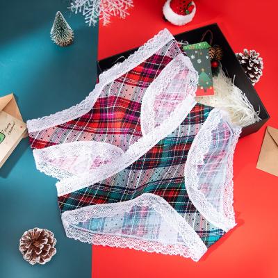 China Wholesale Antibacterial Women's Christmas Clothing Lace Plaid Funny Christmas Underwear For Women Christmas Panties for sale