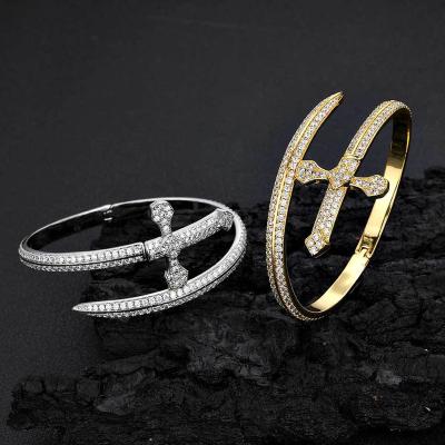 China WG024 Hip Hop Zircon Diamond Cross Bangle Bracelet For Men Women Jewelry Full Sword Brass Bracelet for sale