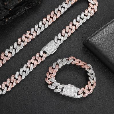 China High Quality Icy 15mm Cuban Bracelet Collares Para Hombres Cuban Link Necklace Diamond Two Tone Pink Hip Hop Chain Necklace WG142 for sale