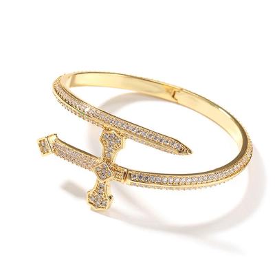 China New Design Hiphop WG041 Sword Shape Brass Bangle Bracelet With Zircon Cross Gold Plated Bangle Fashion Women Man Jewelry for sale