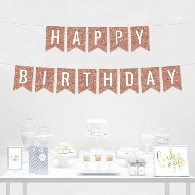 China Birthday Decoration Rose Gold Cute Gitter Happy Birthday Party Banner for Rose Gold Birthday Theme Party Decoration for sale