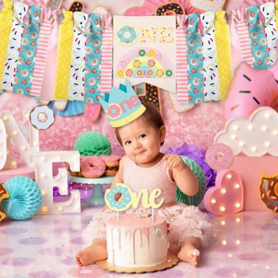 China Bundle Party Decorations Donut First Birthday Party Decoration Supplies with Crown Happy Birthday Banner Party Decorations for Babies for sale