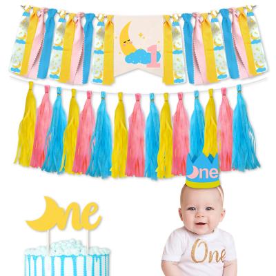 China Party Decorations Moon Theme One Year Birthday Banner Happy Birthday Decoration Set For Baby Shower Happy Birthday Party Decorations Supplies for sale