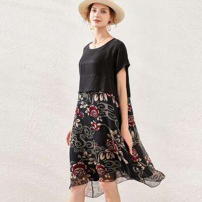 China Breathable High End Embroidered Silk Short Sheath Lady Elegant Casual O-Neck Summer Women Midi Dress Dresses for sale