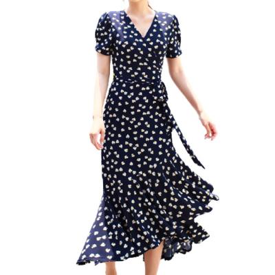 China Fashion Summer Breathable V-Neckline Printed Flowy Dress Classic Women's Breathable Casual Dress for sale