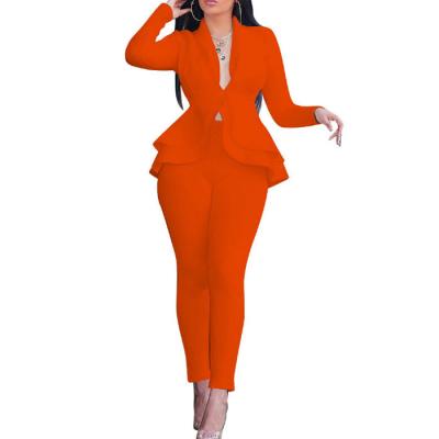 China Anti-wrinkle Blue 2 Piece Sets Long Sleeve V-Neck Tops And Pants Women Suits for sale