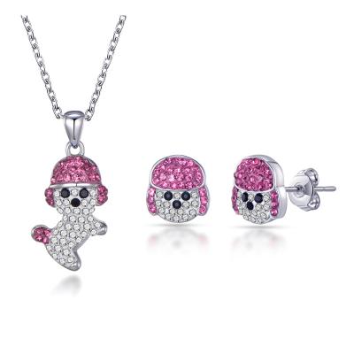 China New Crystal Jewelry Sets Of Pink PONEES Fashion Trendy Cute Animal Dog Necklace And Earring Jewelry Sets In Rhodium Color for sale