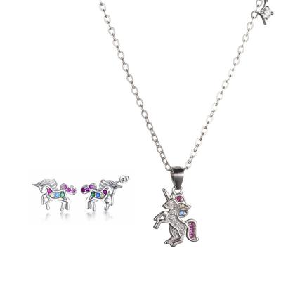 China Wholesale Woman TRENDY Unicorn Jewelry Real Zircon PONEES Fashion 925 Sterling Silver Unicorn Pendant Necklace Earring Jewelry Sets for sale