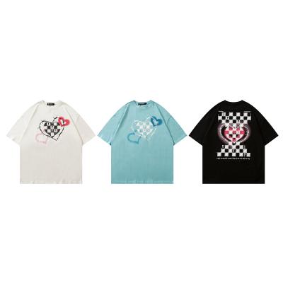 China Anti-wrinkle fashion round neck plaid heart pattern T-shirt white black blue men's T-shirt for sale