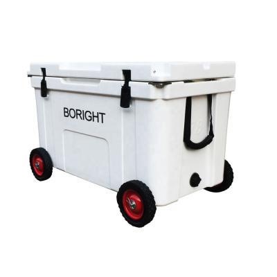 China Large waterproof 78QT rotomolded ice cooler box with wheels for hunting fishing engraved logo embossed available for sale