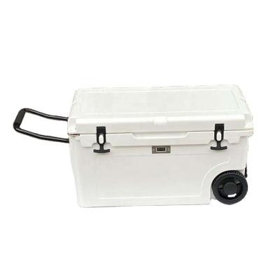 China 55 Liter Waterproof Wholesale Heavy Duty Roto Molded Cooler Beer Wheeled Rolling Cart Cool Box for sale