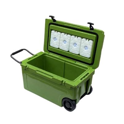 China 55 Liter Waterproof Wholesale Heavy Duty Roto Molded Cooler Beer Wheeled Rolling Cart Cool Box for sale