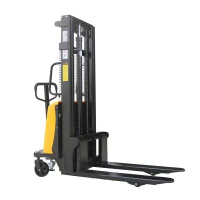 China Hotels 1000kg 1600mm Semi-Electric Pallet Stacker with Adjustable Forks for sale