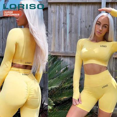 China 2020 Autumn Breathable Women's Shorts Long To Workout Workout Gym Fitness Sporty Active Sports Wear Two Piece Seamless Shorts Set For Woman for sale