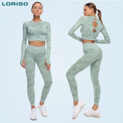 China New Breathable Workout Leggings Set Supplier Seamless Custom Logo Activewear Camiset 2 Yoga Set Camouflage 2 Yoga Set for sale