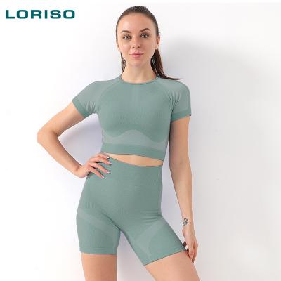 China New Arrivals Breathable Two Piece Yoga Wear Short Sleeve Shirt High Waist Shorts Seamless Gym Fitness Yoga Set for sale