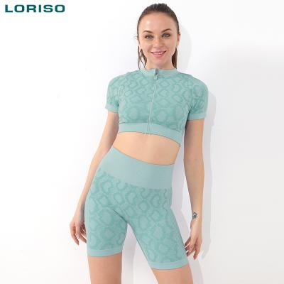 China Breathable Yoga Training Style Popular Zipper Workout Short Sleeve Fitness Activewear Yoga Shorts Set For Women for sale