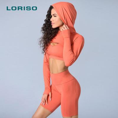 China New Breathable Long Sleeve Crop Top With Hat Fitness Solid Color Sports Bra And Shorts Yoga Set for sale