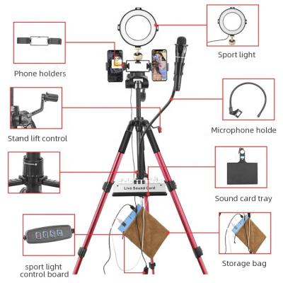 China MAONO Professional Foldable Drinking Tripod Set with Phone Stand Microphone Holder Sound Card Tray Led Fill Light Llive Podcast Tripod Kit for sale