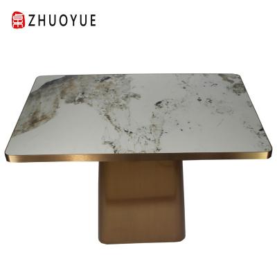 China Fashion Table Modern Solid Wood Table Stainless Steel Rock Slab Table for sale