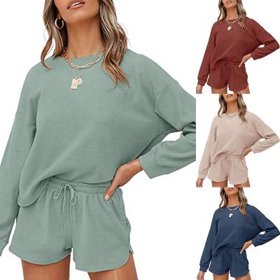 China 2022 New Autumn Women's Hip Hop Waffle Sleeve Drawstring Long Round Neck Solid Color Shorts Ladies Casual Suit for sale