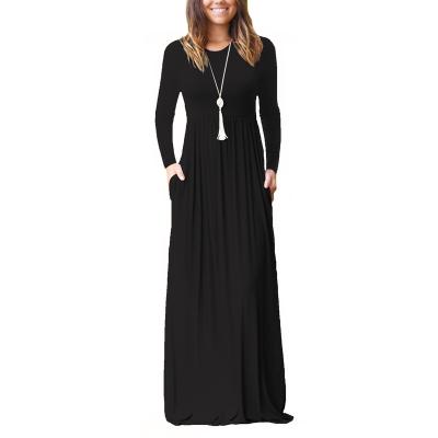 China New Autumn And Winter Amazon Hot Breathable Solid Colored Sleeve Pocket Long Round Neck Waist Long Skirt Dress for sale