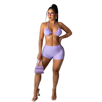 China DY1082 Breathable Fashion Style Explosion Color Halter Neck Tie Bikini Sheer Hole Around Flower Bikini Two Piece Set for sale