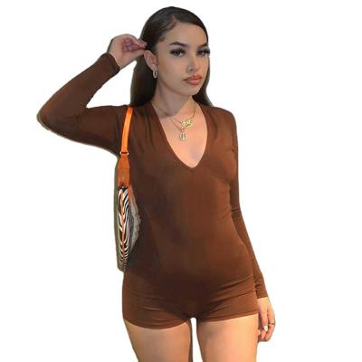 China 2022 Breathable Cut Out Deep V Neck Jumpsuits Short Sleeve Long Drawstring Women Brown Jumpsuit for sale