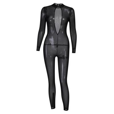 China 2022 Breathable Backless Cut Out Long Sleeve Sexy Woman Mesh See-Through Women Bodycon Sheer Black Jumpsuit for sale