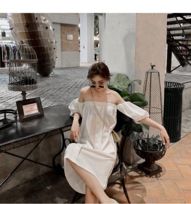 China Retro One-Neck Breathable French Vacation Dress CIS Summer Lantern Sleeve Strapless Loose Dress for sale