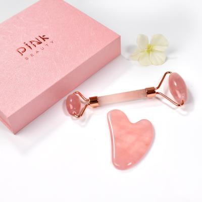 China Natural ROSE Facial Massage Kit Facial Care Gift Beauty Set 100% Rose Quartz Jade Roller Scraping Face Lift for sale