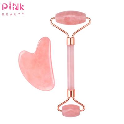 China Stone Pink Rose Quartz Gua Sha Massage Beauty 2021 Anti Aging Nephritis Face Lift Therapy PINK Set Natural Jade Roller For Face for sale