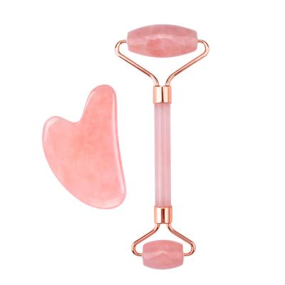 China 2021 Portable Jade Roller Pink Quartz Roller Gua Sha Beauty Massager ROSE Real Face Lift New Arrival Facial Kit Anti Aging Jade Roller Set for sale