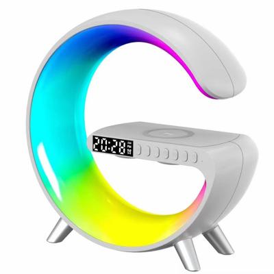 China RGB Led Night Light Latest Bluetooth Speaker G-shaped 15W Wireless Charger RGB Smart Atmosphere Table Lamp With Clock Sunrise Light for sale