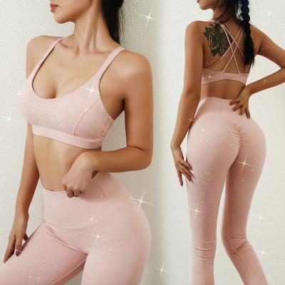 China 2021 Hot Selling Pink Workout Bra Gym Fitness Breathable Fitness Gaiters Set Nude Two Piece Women Yoga Set for sale