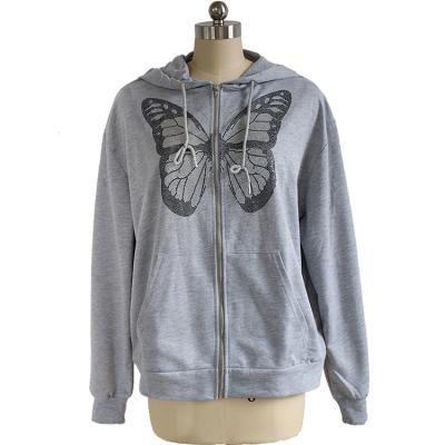 China Wholesale OEM Fashion Anti-Wrinkle Zipper Rhinestone Custom Printed Butterfly Hoodie for sale