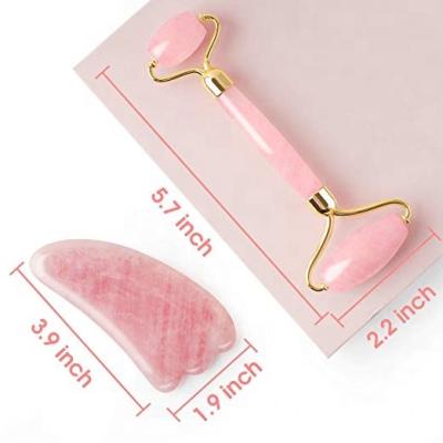 China Reinforced Handle with Integrated Frame Rose Quartz Roller Jade Roller Metal Gua Sha Massager Premium Anti Aging Tool for sale