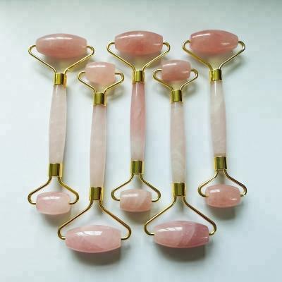 China Reinforced Handle with Metal Frame Rose Quartz Facial Roller Integrative Metal Frame Rose Quartz Jade Roller Reinforced Handle Premium Quality for sale