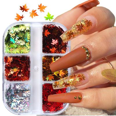 China New Eco-friendly Material Manicure Sequins Box Metallic Maple Leaf Nail Stickers Autumn Christmas Thanksgiving Nail Sequins for sale