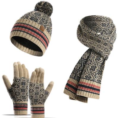 China Hat Scarf Wool Soft Winter Warm Set Acrylic Knitted Three Piece Set for sale