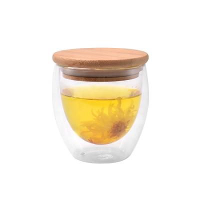 China Minimalist Insulated Empty Glass Cup Double Wall Cup With Bamboo Lid Sealed Borosilicate Glass for sale