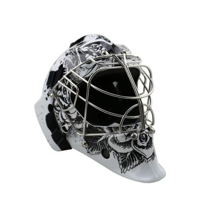 China Fiber outshell+.Carbon absorption foam liner+Stainless steel 304 cage hockey goalie helmet carbon fiber goalie helmet goalie helmet with printing decals water transfer for sale